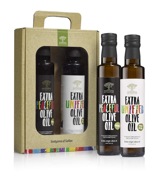 SINDYANNA OF GALILEE Pack Of 2 bottles. Extra Virgin Olive Oil Gift Set including House Blend & Organic Olive Oil, cold pressed Mediterranean EVOO | Top 100 Olive Oils in the World. 8.45 oz each Bottle