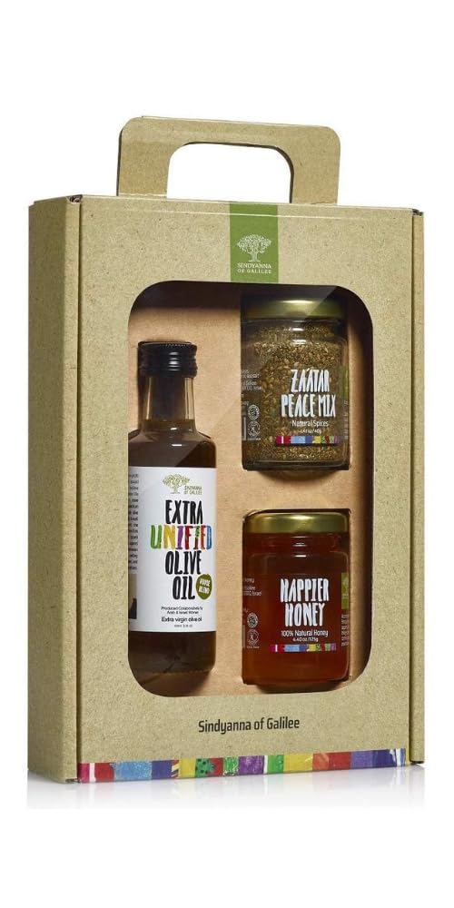 SINDYANNA OF GALILEE Extra Virgin Olive Oil, Natrual Honey and Zatar, 3 Pack, Gift Set (Oil/Honey/Zatar Set)